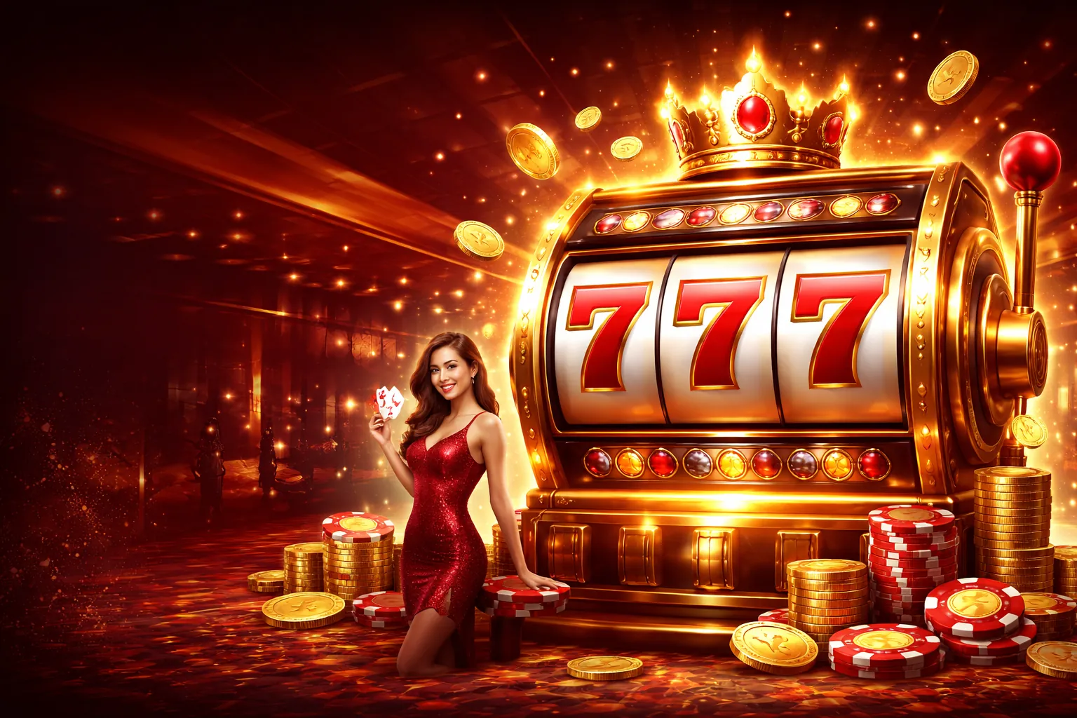 Hình ảnh nền gem nổ hủ với máy slot và đèn sáng